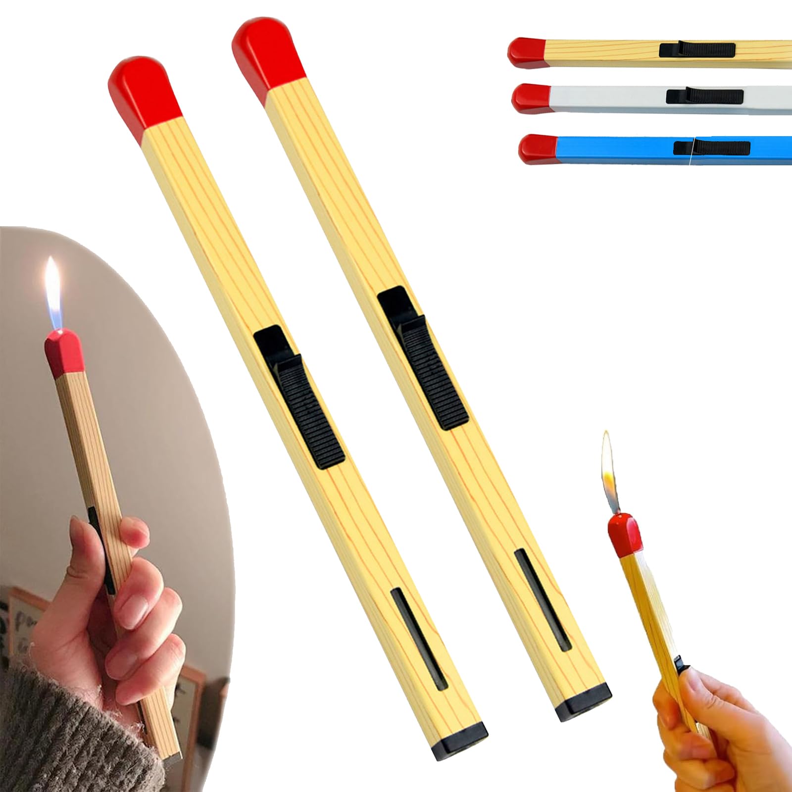 2Pcs Match Stick Lighter, Match Lighter Stick, Refillable Novelty Lighter, Adjustable Large Stick Lighter Kitchen Camping Lighter (Yellow)