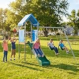Kids Outdoor Playset with Dual Swings & Slide, Galvanized Steel Backyard Playground Equipment with Basketball Hoop, Metal Playset for Children Outdoor Play