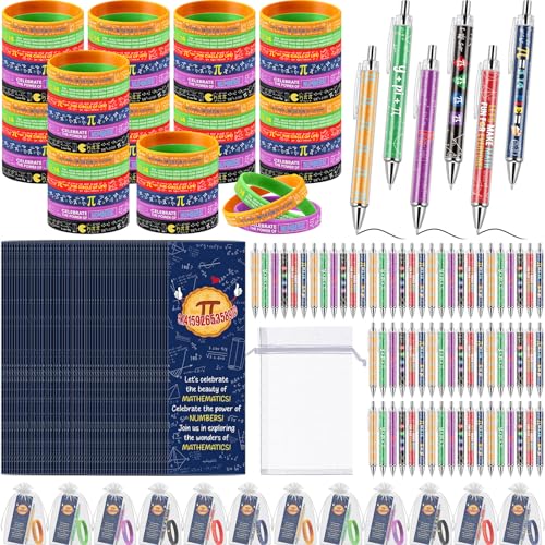 Sayglossy 30 Sets Pi Day Gift Bulk Math Silicone Bracelets Funny Mathematics Wristbands with Symbol Bookmarks and Pens Prize for Math Lover Supplies (Pi)