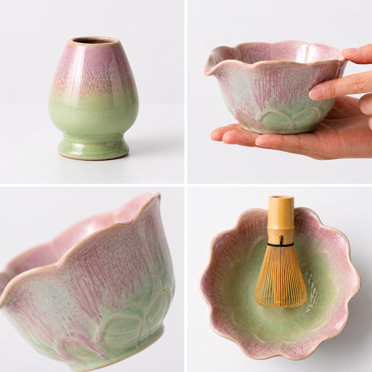 Matcha Set 5-teilig, Matcha Schale mit Ausgießer in Blumenform Grün Rosa, Chasen, Bambusbesen, Chasenhalter, Bambuslöffel, Sieb, Japanisches Matcha Tee Set