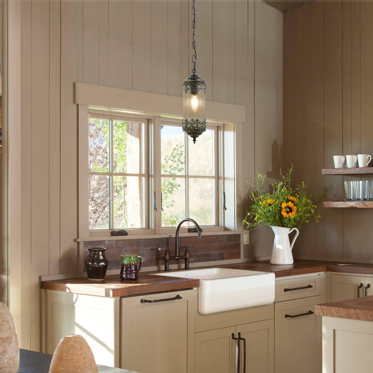 RONGHUAFUGUI Vintage Pendant Light Mini Over Sink Lighting Retro Rustic Glass Pendant Lighting Black Gold Painting for Kitchen Island Dining Room Bar Mirror