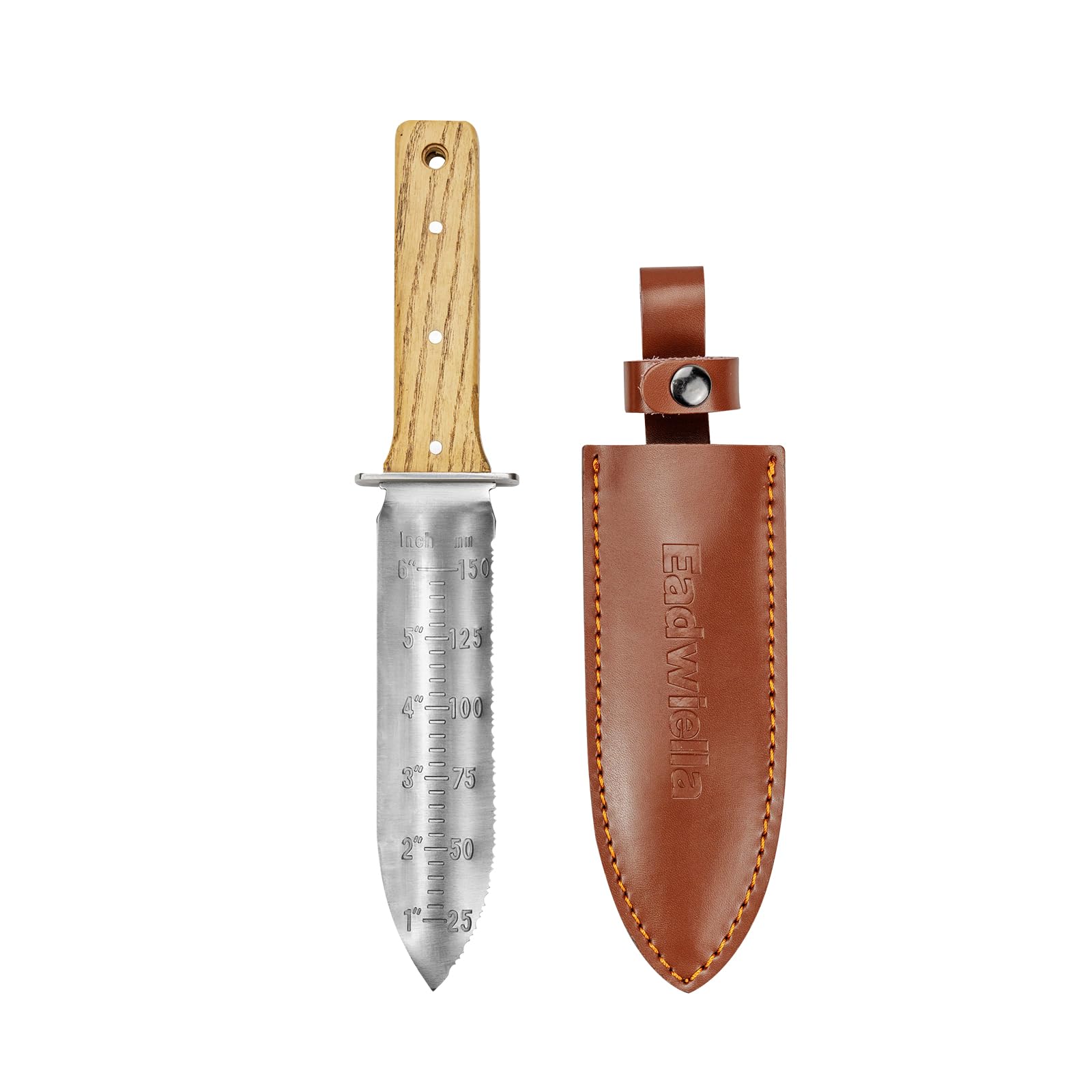 Gartenmesser, Grabungsmesser mit Lederhülle zum Graben, Pflanzen und Beschneiden, Ideales Gartengerät mit 150-mm-Tiefenmarkierung.