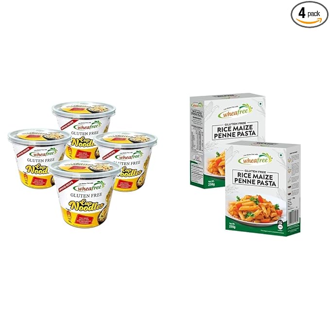 Gluten Free Cup Noodles (Pack of 4 x 100g Each) & Wheafree Gluten Free Rice Maize Penne Pasta - 2 Packs (250g Each)