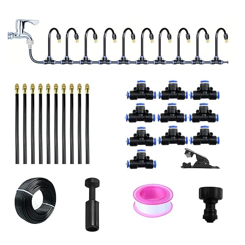 Sistema de riego automático con 10 boquillas de cobre atomizador flexibles y manguera de 50 pies y 516 pulgadas, kit de sistema de riego por goteo