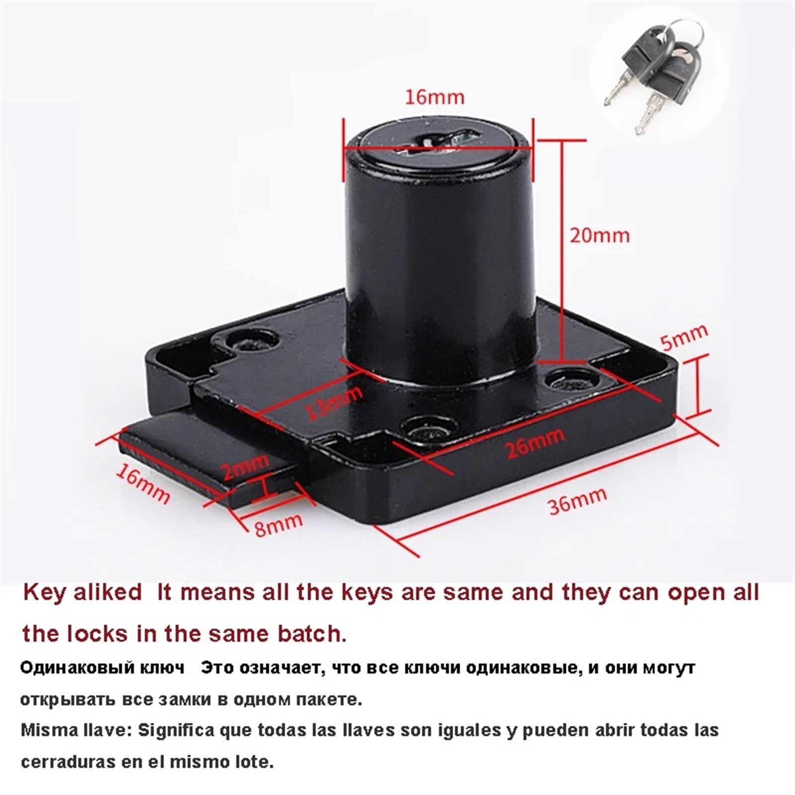 Cerradura for cajón de gabinete, 22, 32 y 38mm, for casillero de gimnasio, escritorio escolar, buzón de correo, Hardware for muebles DIY, 1 Uds.(20mm Black KeyAlike)