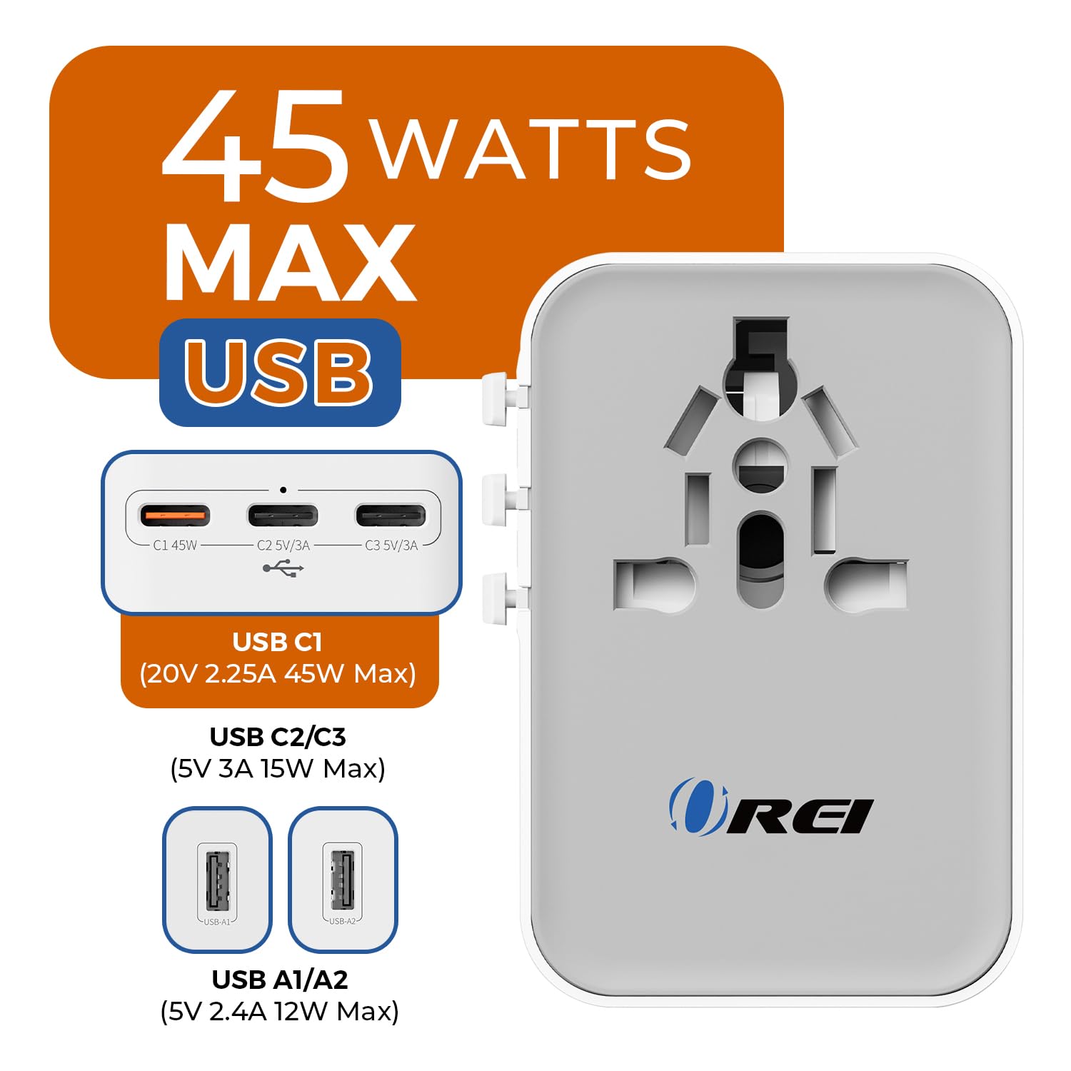 OREI 45Watt Universal Charger Adapter | 3X USBC-2XUSB A | 6-in-1 International Travel Adapter|Universal Travel Adapter Compatible W/Type C, A, G, I — Amazon image 2