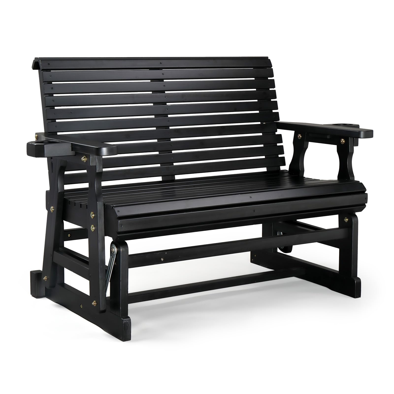VINGLI Outdoor Glider Wood Patio Chair with Cup Holders, Outdoor Bench Glider Loveseat with Smooth Rocking Mechanism, Heavy Duty 800 LBS, Black