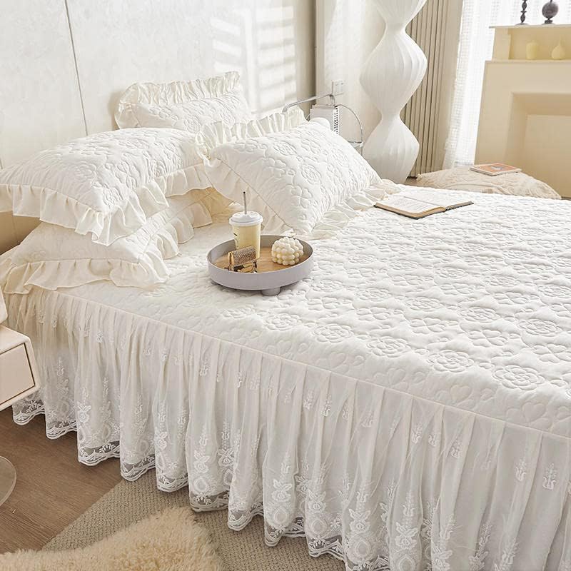 Miniatura 4 de Flower Pattern Quilted Brocade Cotton Bedspread with Lace Ruffled Bed Skirt, Queen Size, Beige