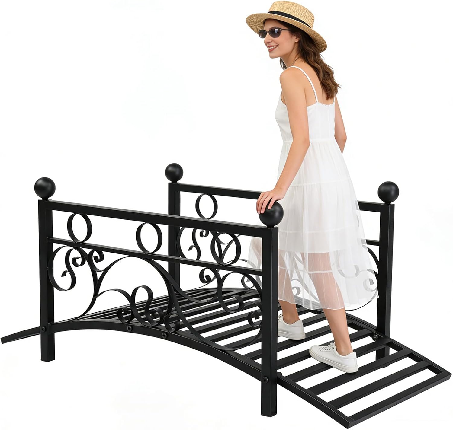 40.16" Metal Arch Garden Bridge, Ourdoor Decorative Iron Foot Bridge with Round Ball and Flat Top Handrail, Arch Footbridge Walkway for Garden Yard Backyard Creek Farm Stream (Matte Black)