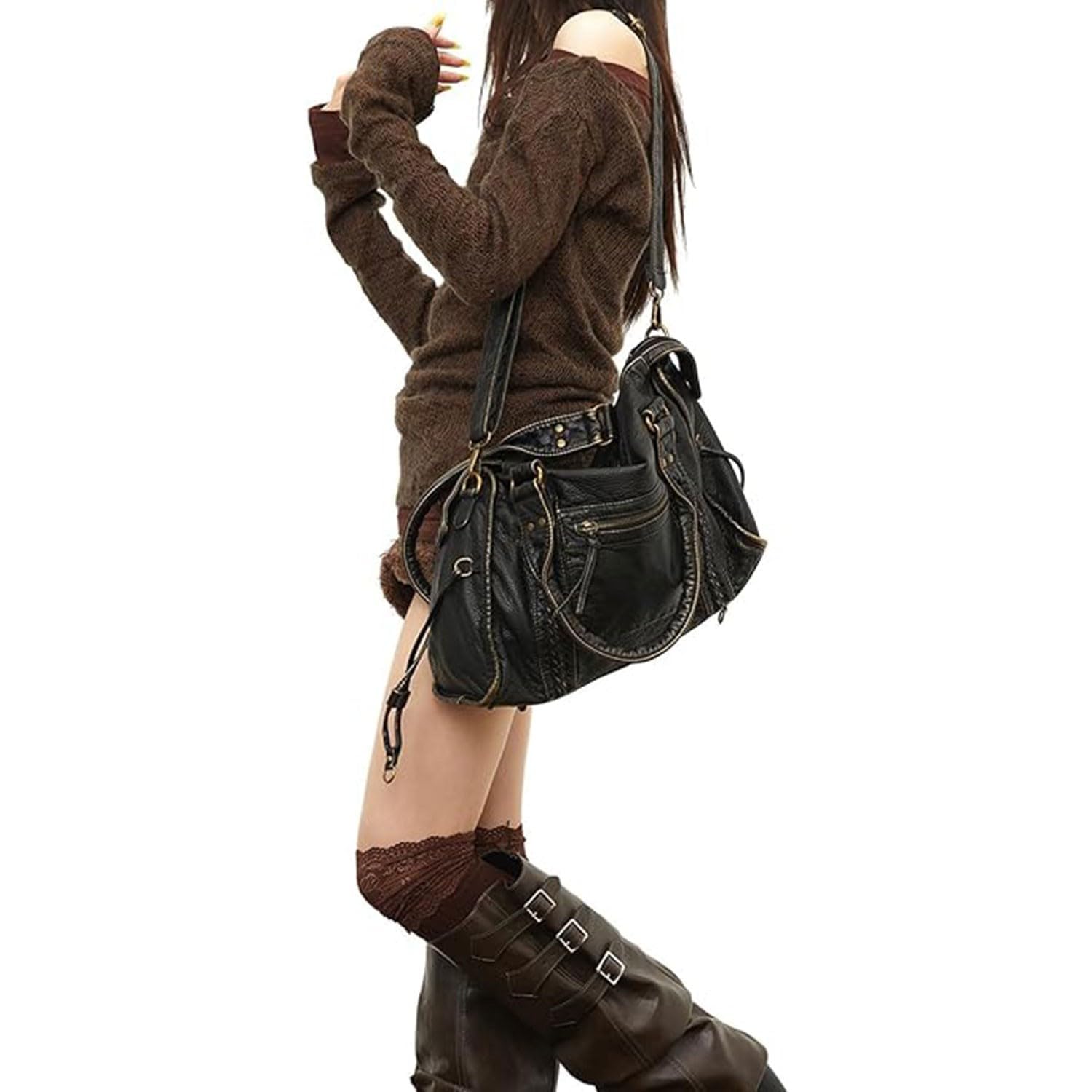 Eaacaa Vintage City Bag - Bolso de Mano de Piel Sintética para Mujer, Grande, Bolso de la Compra, Bolso de Trabajo, para Escuela y Viajes, 37 x 12 x 28 cm