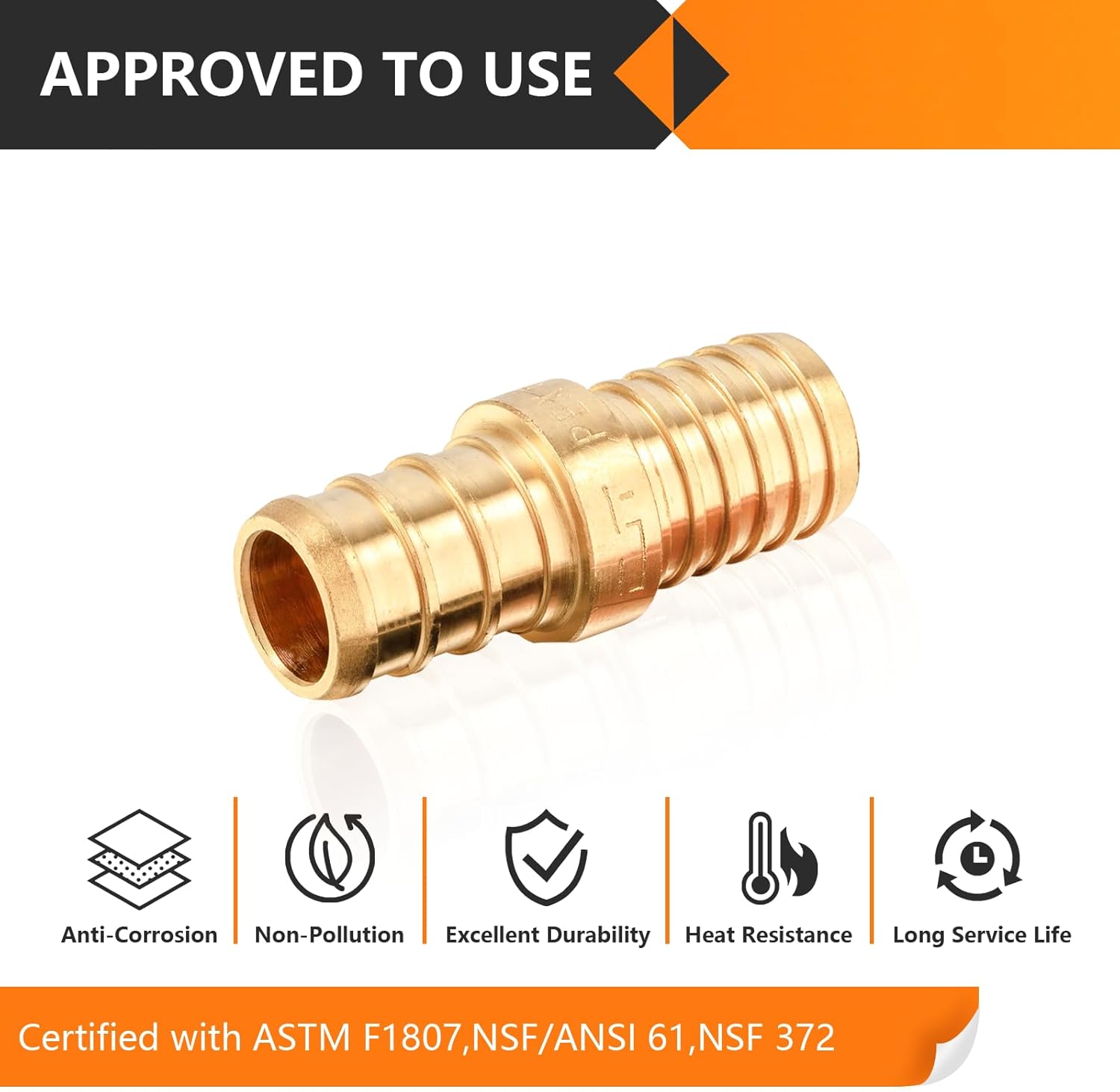 10-Pack HeSun Polybutylene Transition Coupling, 1/2" PEX X 1/2" PB, Brass Crimp Pex Fittings with 20 Rings, ASTM F1807(PEX1807504-10)