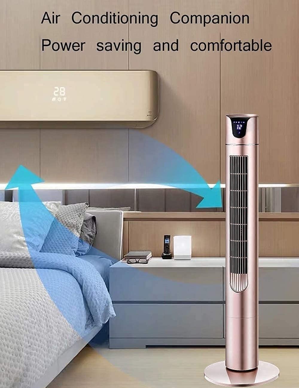 MU Home, biuro, timer 8 h, elektryczny cichy wentylator z diodami LED, 3 prędkości nawiewu, 3 tryby pracy, przenośny, do sypialni, wentylator wieżowy, bezblasiowy wentylator stojący, oscylujący