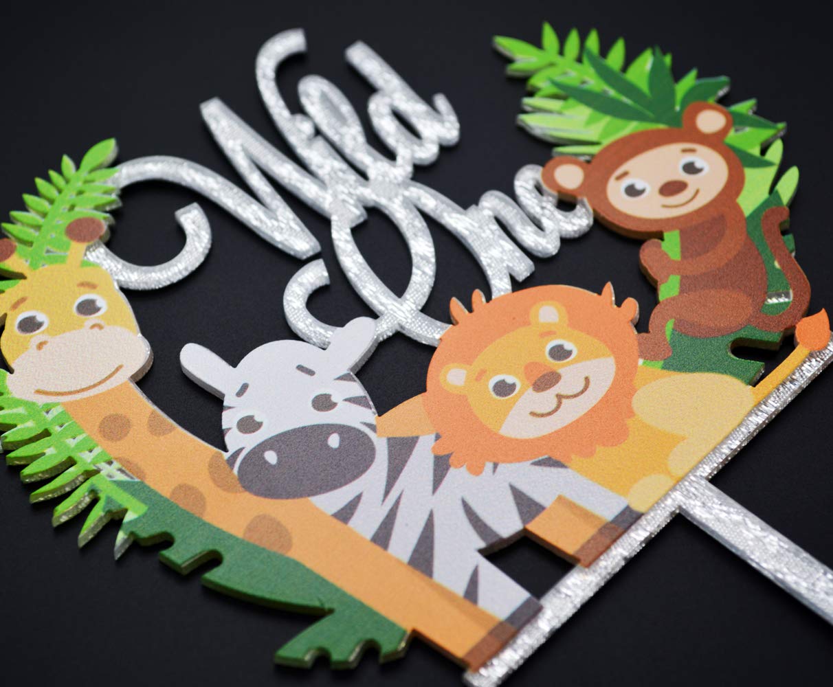 Safari Jungle Animal Cake Topper – Woodland Theme Decor For Baby Shower, 1st Birthday Parties (Silver Glitter)