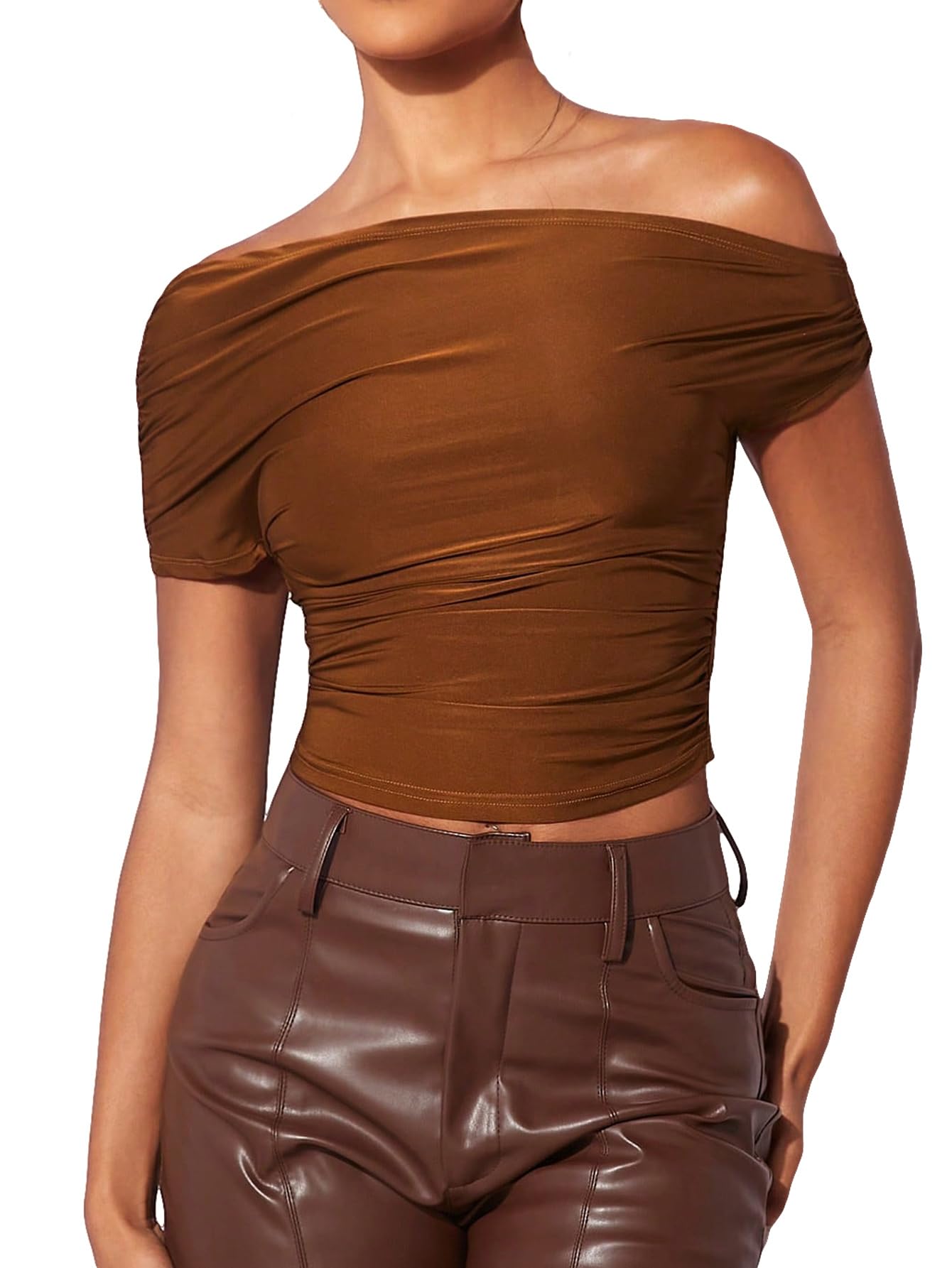 Photo 1 of MakeMeChic Women's Off Shoulder Short Sleeve Summer Shirt Slim Fitted Ruched Crop Top Tee Small Coffee Brown