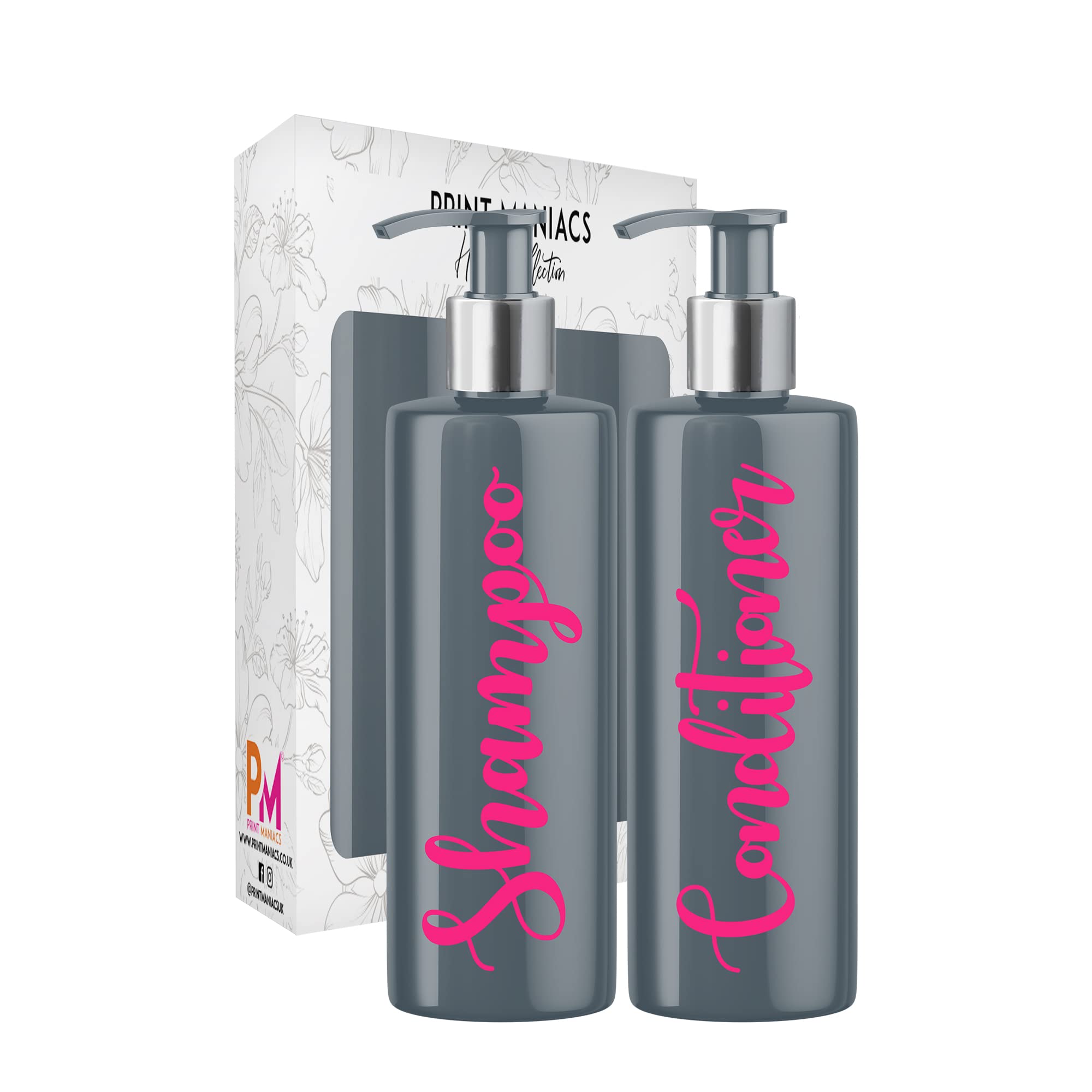Print Maniacs 2 Set Mrs Hinch Inspired Grey Personalised 500ml Dispenser Pump Bottles Shampoo Conditioner (Pink)