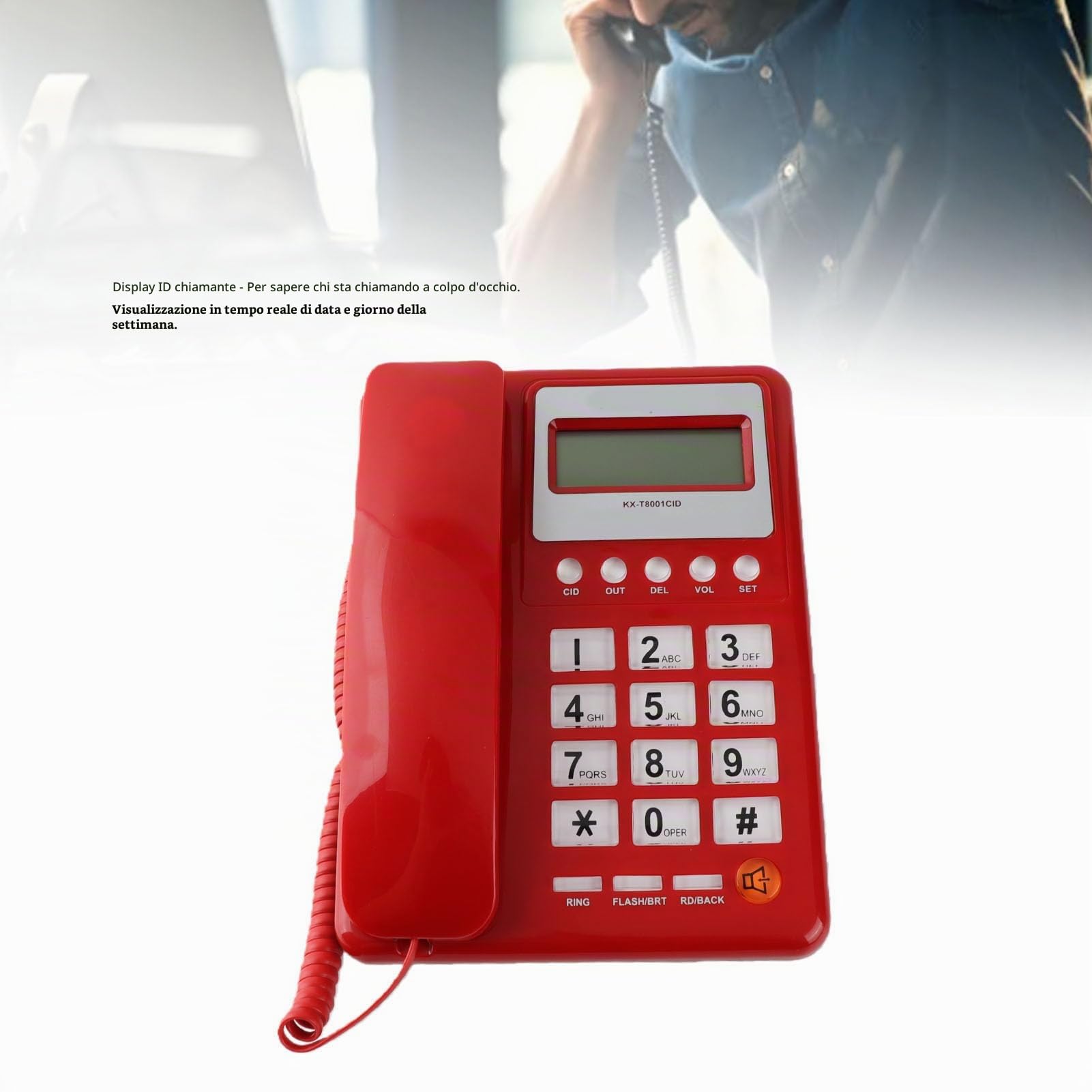 Telefoni con Filo Linea Fissa con Display ID Chiamante, Telefono Fisso con Vivavoce per Hotel Casa Ufficio Casa, Telefono da Tavolo Rosso retrò per Anziani, Segreteria Telefonica Digitale