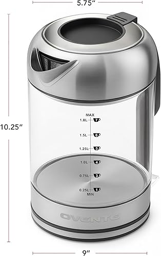 Miniatura 10 de OVENTE Hervidor eléctrico, 1500 W, sin plástico, 1.8 L, caldera de agua caliente para café o té, tapa fácil de llenar, apagado automático, vidrio de