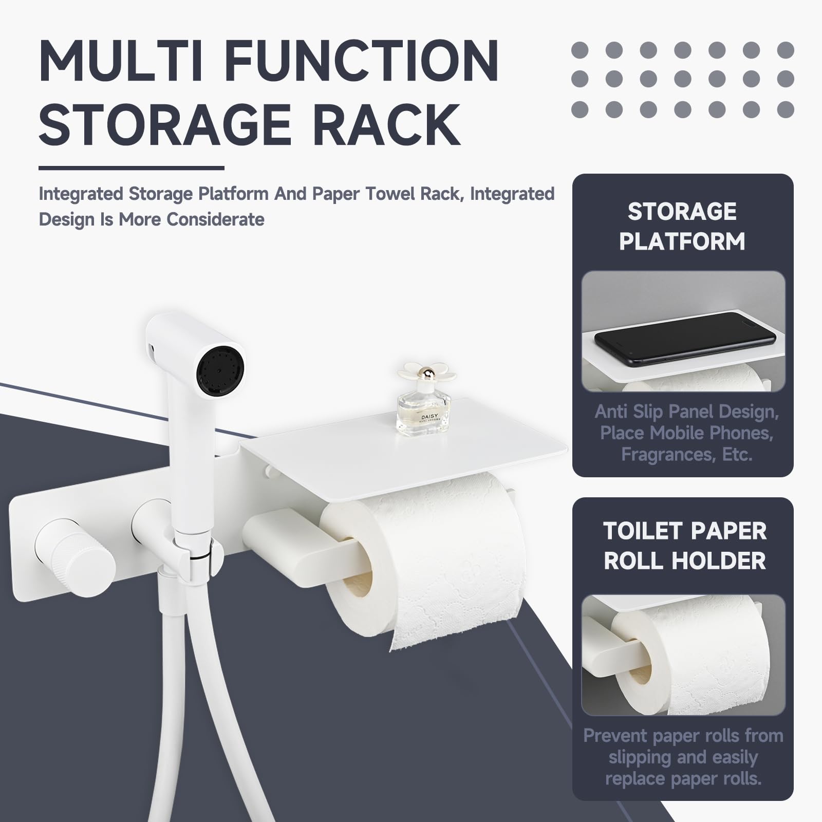 Ducha higienica para wc,Ducha bidé de modo dual,Diseño multifuncional tres en uno,Juego de ducha bidé de mano para baño blanco,Con soporte y manguera de 1,2m,Para limpieza del baño