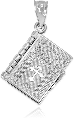 Claddagh Gold Religious Jewelry - Dije de plata de ley 925 con bisagras en 3D de 58 pulgadas con páginas, con texto en inglés "Holy Bible with Lord