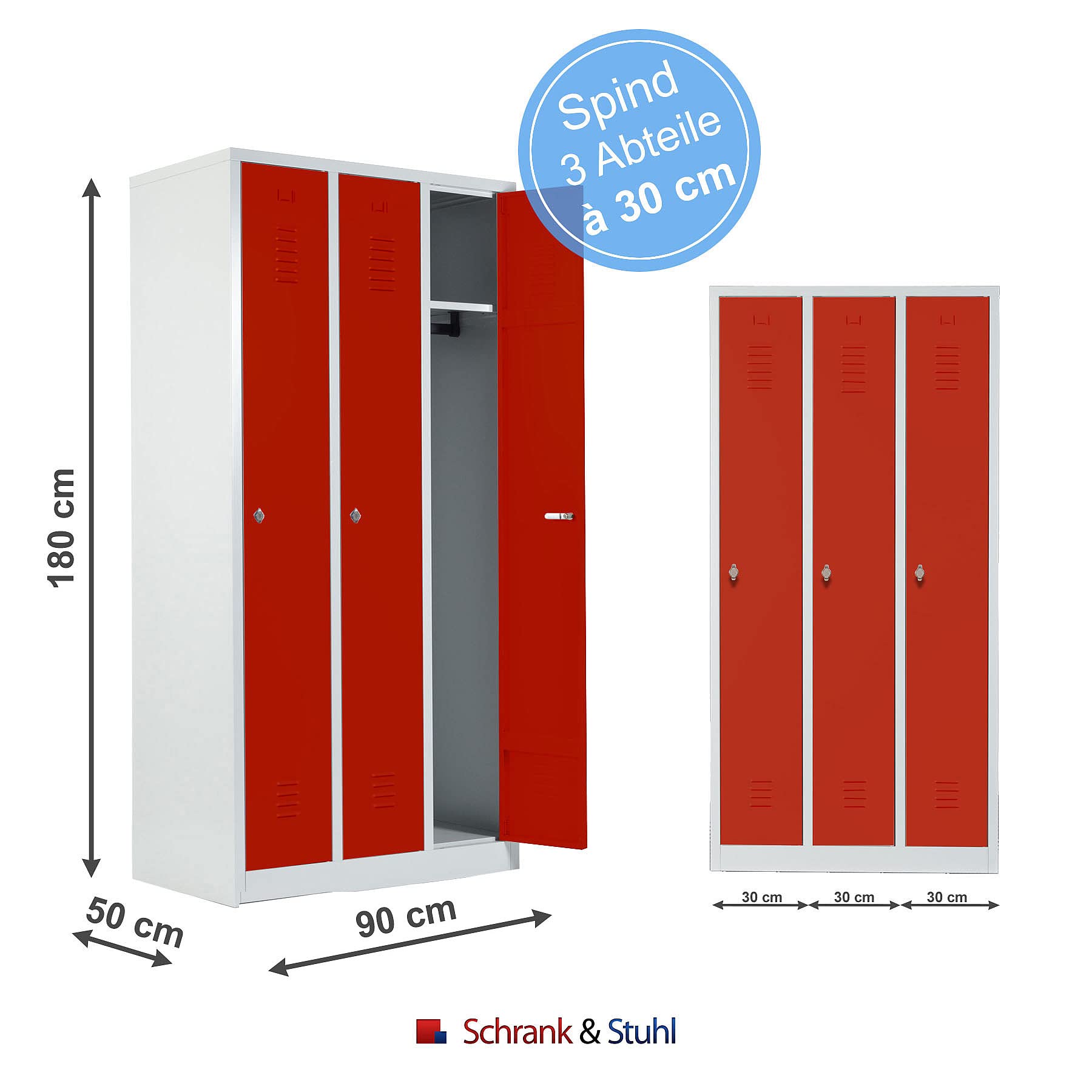 Schrank & Stuhl Spind – Metallspind mit 3 Abteilen in 180 x 90 x 50 cm, Schließfachschrank mit Hutboden & Drehriegelverschlüssen, Lieferung komplett montiert, Grau/Rot