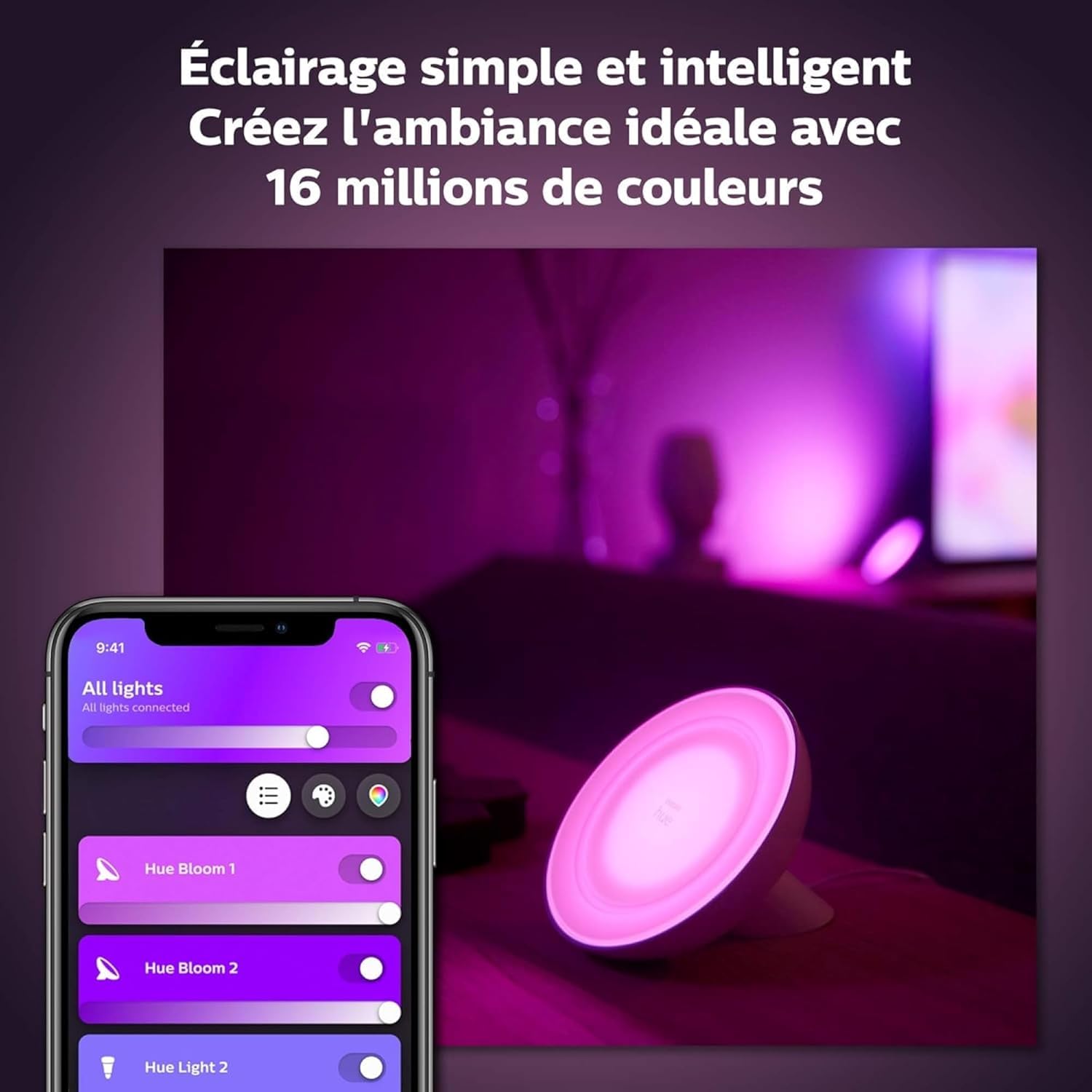 Philips Hue White & Color Ambiance, lampe Bloom, 4ème génération - Noir, compatible Bluetooth, fonctionne avec Alexa, Google Assistant et Apple Homekit
