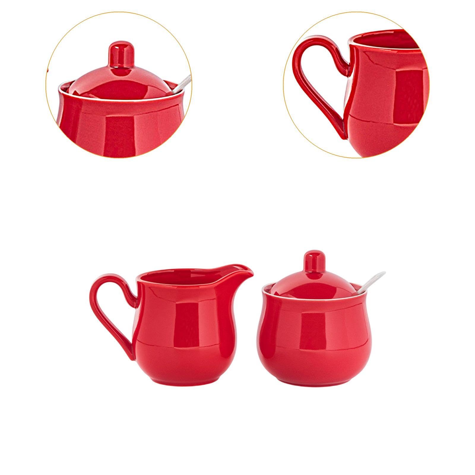 Amagogo Juego de azucarero y Crema de cerámica, azucarero con Tapa y Cuchara, Uso doméstico, práctico, Decorativo, Jarra para Crema, Rojo