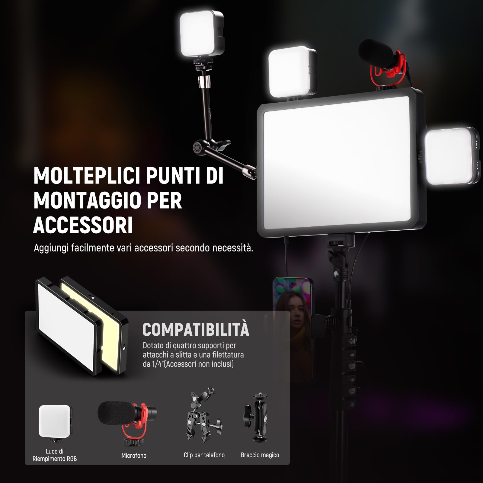 NEEWER Basics 2pz Luci Fotografiche a Pannello LED con Stativi 59''/Porta Telefono, Luce da Studio in Plastica Dimmerabile 2700-6500K 850Lux per Foto Video Film Streaming Live, Senza Adattatore,BP300