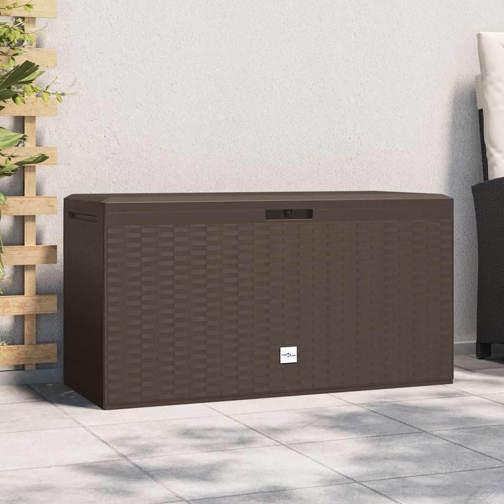 Scatola da giardino marrone, 114 x 47 x 60 cm, in polipropilene, con coperchio e funzione di seduta, resistente alle intemperie, richiudibile, per cuscini, balconi, terrazze, esterni