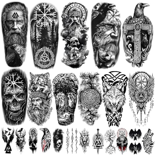 77 sheets Viking Temporary Tattoos Adult, Nordic Celtic Tattoos, Totem Tribal Fake Tattoo Stickers for Viking Costume, Nordic Norse Yggdrasil Valknut Fake Arm Tattoos for Women Men Kids