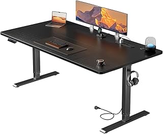 HLFURNIEU Elektrisch in Hoogte Verstelbaar Bureau 160 x 80 cm, Sta-bureau met Geïntegreerd Stopcontact en USB-poort, Gamingbureau met 3 Geheugenfunctie, Standing Desk Zwart