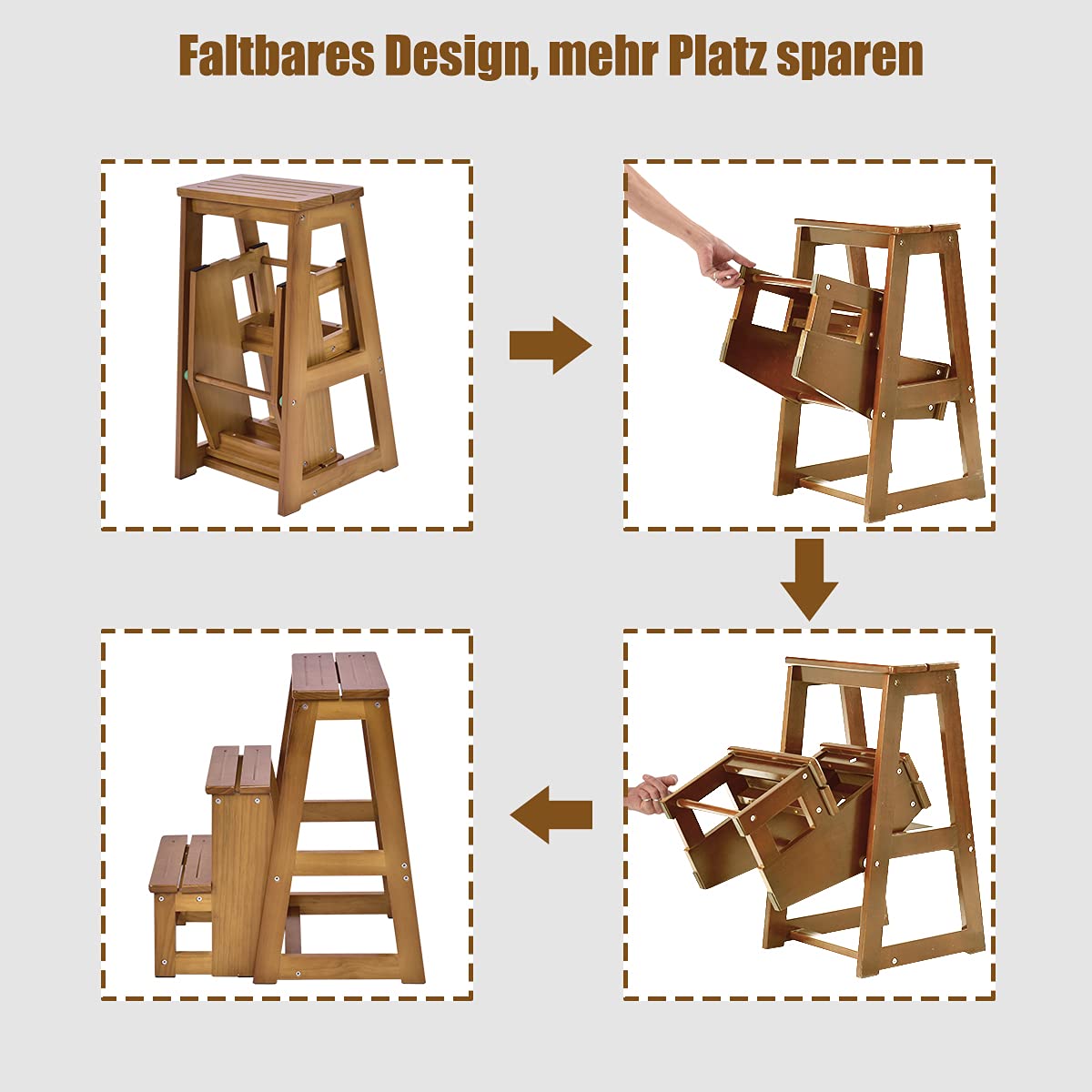 DREAMADE dreistufiger Tritthocker Klappstufen, Trittleiter aus Holz, Treppenstuhl klappbar, Leiterstuhl Hockerleiter Klapphocker, Faltstuhl Trittstuhl Haushaltstritt mit 3 Stufen (Walnuss)