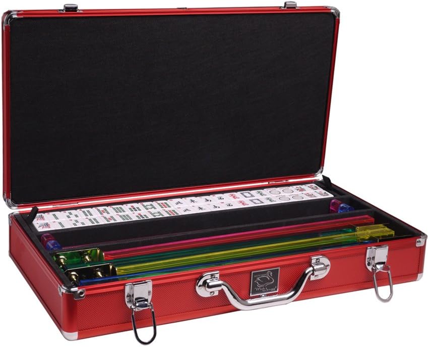 Set - White Tiles, Classic Pusher Arms - Red Aluminum Mahjong Case