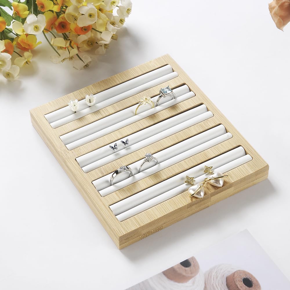 JAMEND CLXPJAMEND CLXP Bamboo Wood Ring Display Holder Showcase Earrings Organizer Tray Idea Gift for Girls Women, Rectangle Jewelry Storage Stand with White PU Leather, 6.5" x 5.7" x 0.6", 5 Slots.