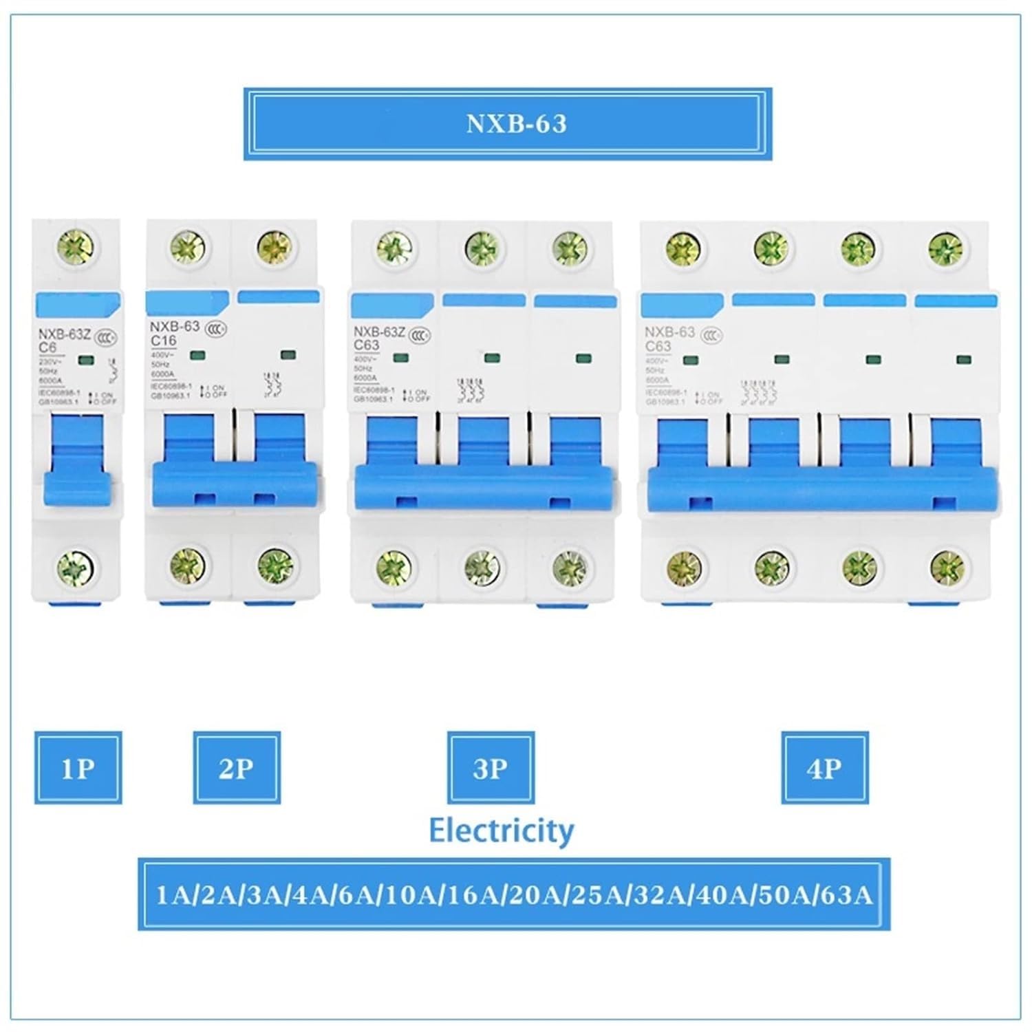 Wyłącznik NXB-63 3P AC 230/400V Miniaturowy wyłącznik C 6 10 16 20 25 32 40 63A Zabezpieczenie przeciążeniowe DZ47 Przełącznik powietrza w stylu C 1 szt. (rozmiar: 3P, kolor: 1A) (2a)