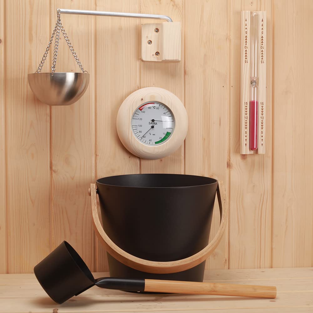 Saunazubehör Set, 5-teilig, Eimer 5L aus Aluminium, Schöpfkelle, 15min. Sanduhr, abgerundetes Thermometer - Hygrometer, Sauna Aromatherapie Schale