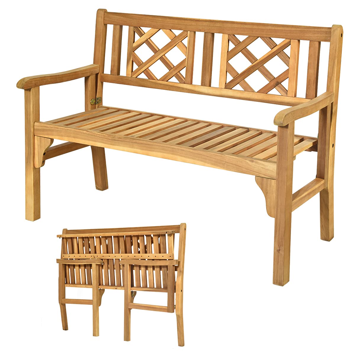 CASART Folding Wooden Bench, Indoor Outdoor 2-Seater Garden Bench, Foldable 2 Person Loveseat for Park, Yard, Balcony, Porch