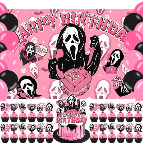 Pink Scream Birthday Party Decorations Horror Movie Banner Theme Party Decorations for Fans Indoor Outdoor Birthday Party Supplies Backdrop 5 * 3FT)