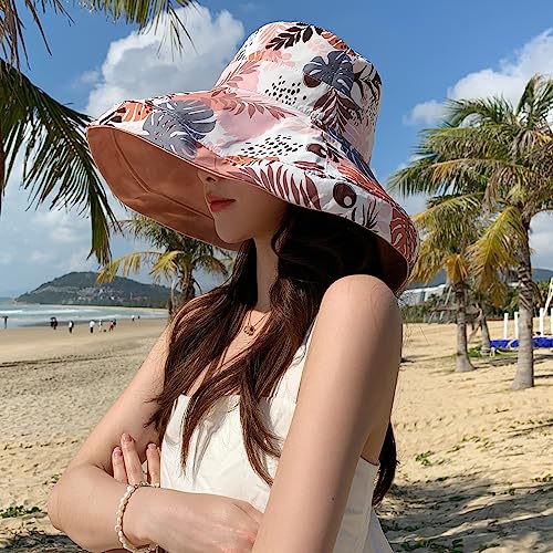 Image of HUAMULAN Women Sun Hat Summer Bucket Beach Boonie Cotton Cap Wide Brim UPF 50