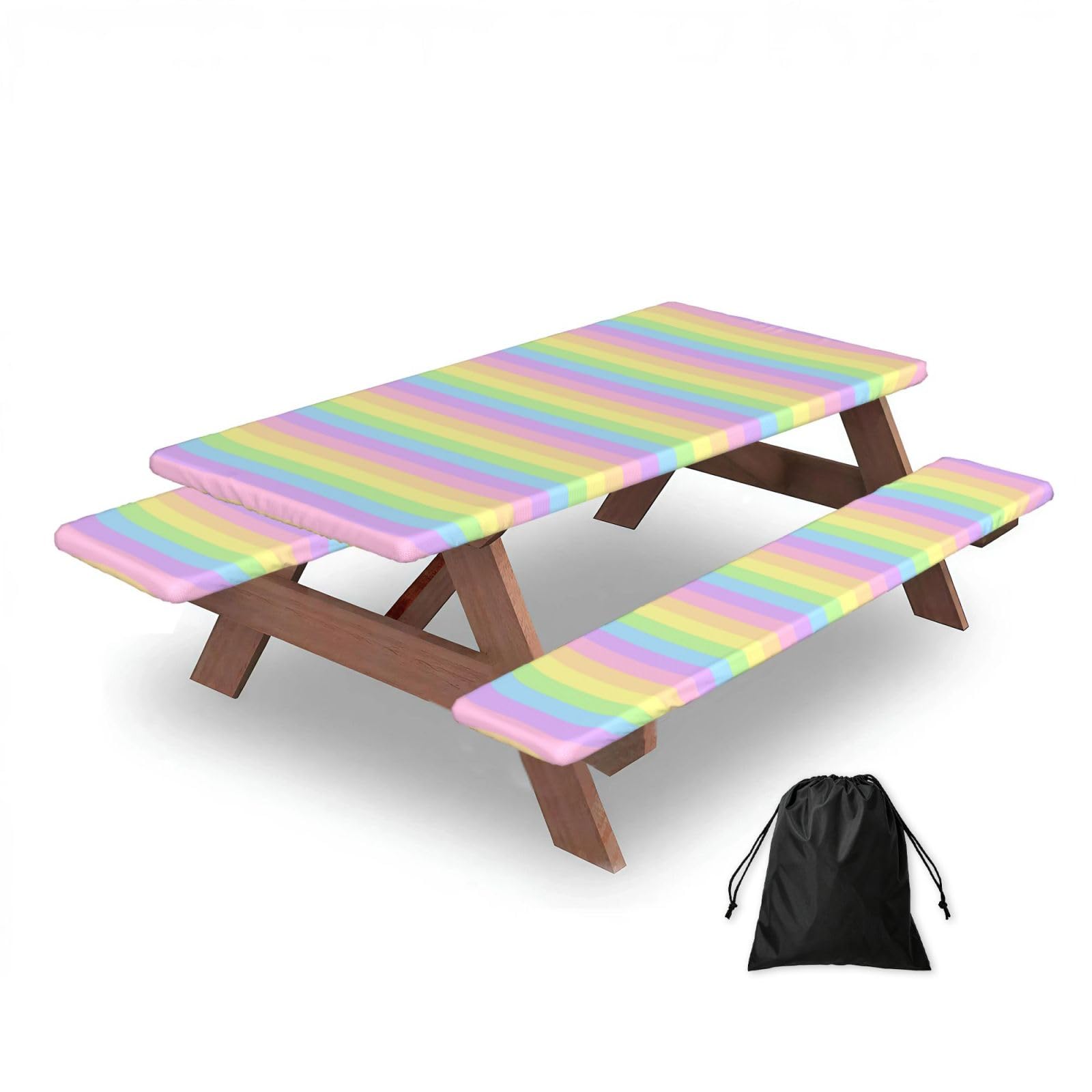 Pastel Rainbow Striped, Picnic Table Cover With Bench Covers -Waterproof Elastic Fitted Tablecloth for Garden Camping Patio 76x152cm