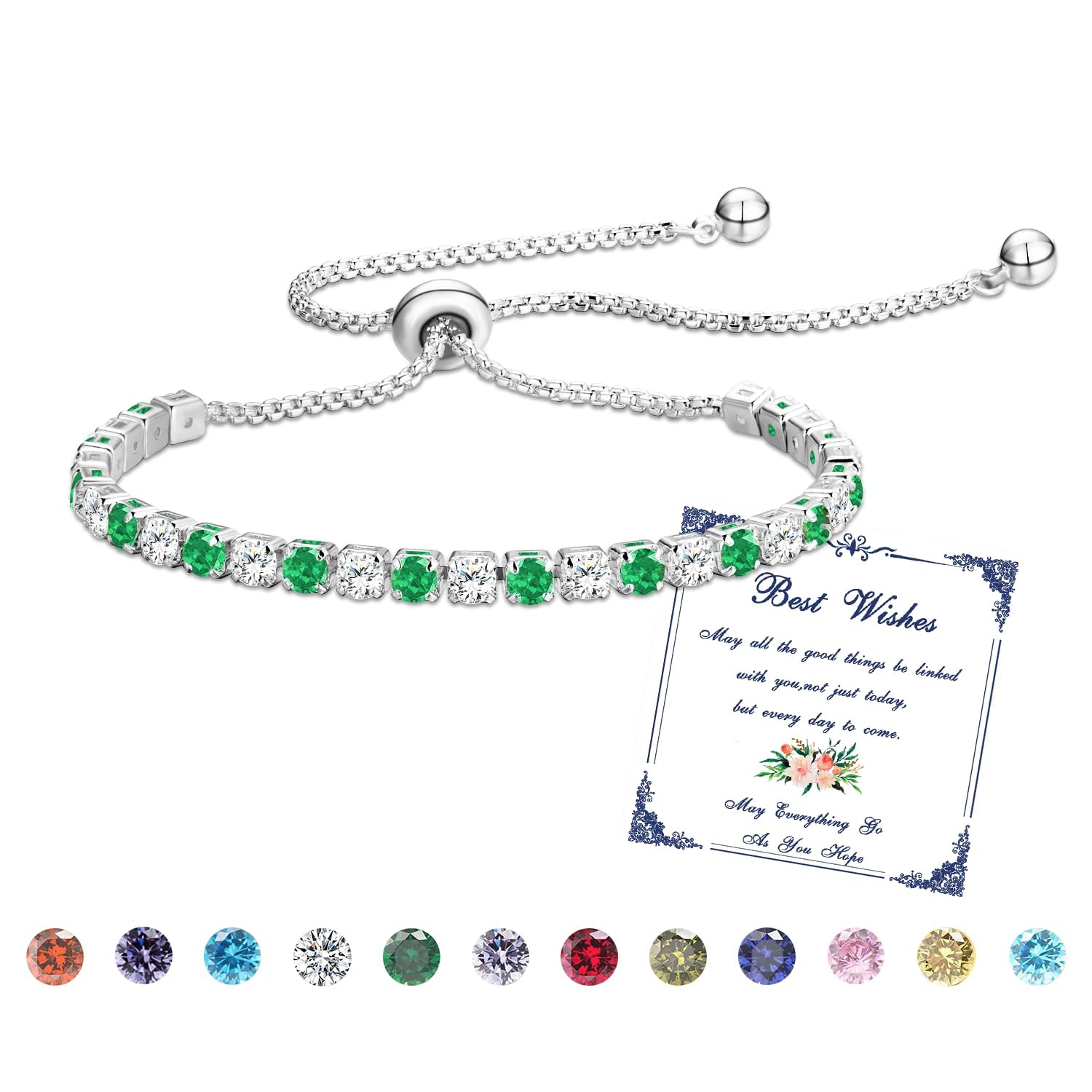 Esmoly Bracciale Donna Argento Bracciale Tennis con 12 Colori di Pietre Natali e 5A Sparkle Zircone Regolabile Regalo Compleanno Donna Ragazza