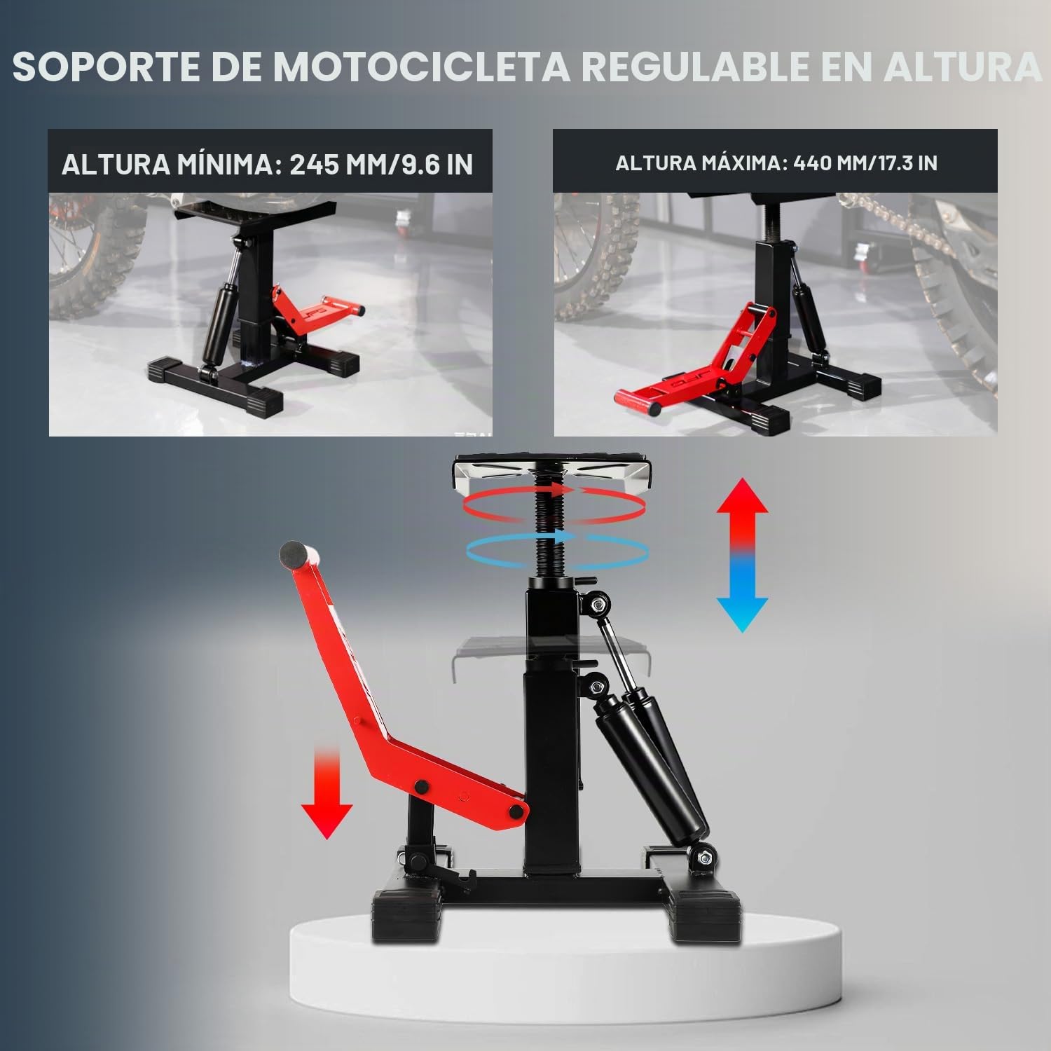 JFG RACING Soporte Elevador Motocross,Elevador Moto Hidraulico Mesa de Mantenimiento Hidráulica, Altura Ajustable para Mantenimiento Reparación para Pitbike E-Bike Enduro Supermoto Rojo