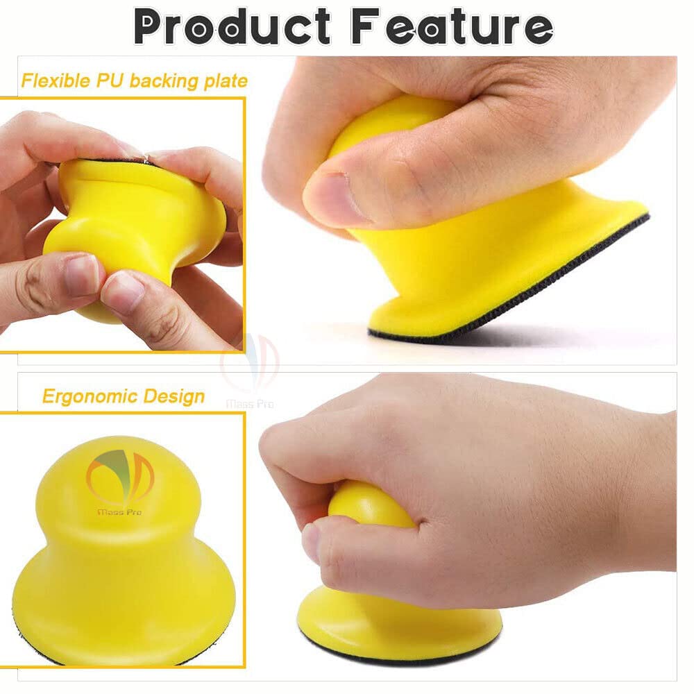Mass Pro 3 Inch Hook & Loop Hand Sanding Block 72 x 65mm, Ergonomic Hand Grinding Block for Sanding Discs, Woodworking, Furniture Restoration, Automotive Body Repair, Paint Finishing & DIY 1