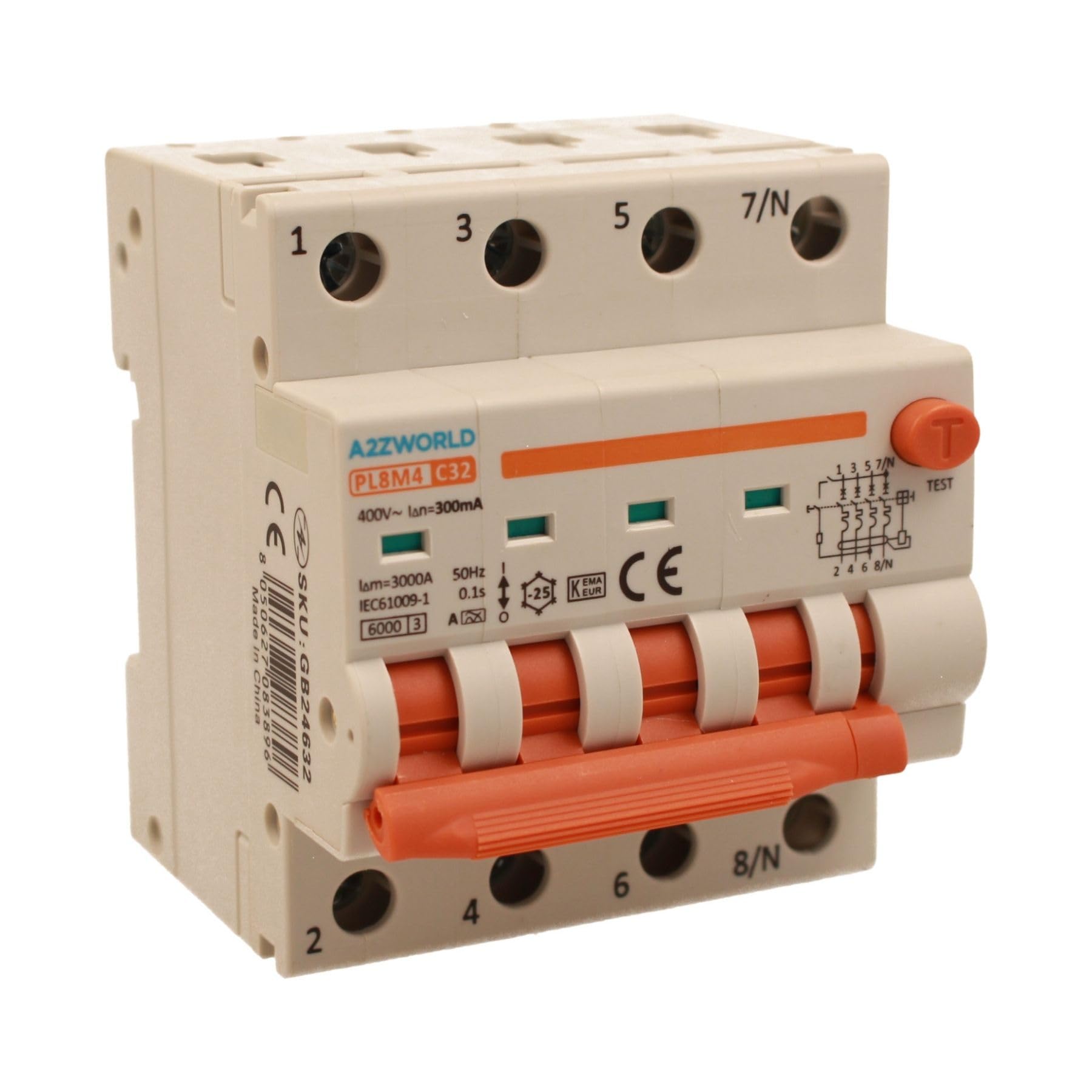 Interrupteur différentiel magnétothermique triphasé 380 V type A 300 mA 32 A C32, 4P véritable (NO 3P+N), courbe C 6 kA, double levier avec diagnostic visuel, 4 modules DIN, série PL8M4