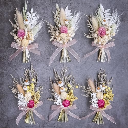 Mini Dried Flower Bouquet Set of 6, Small Bouquets, Bohemian Wedding Table Centerpieces Table Arrangements, Bridesmaid Flower Girl Proposal Gift Box, Birthday Cake Table Vase Decorations. (Pink)