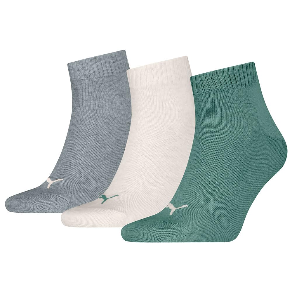 PUMA Unisex Quarter Socks (Pack of 3), Green/Grey, 39-42