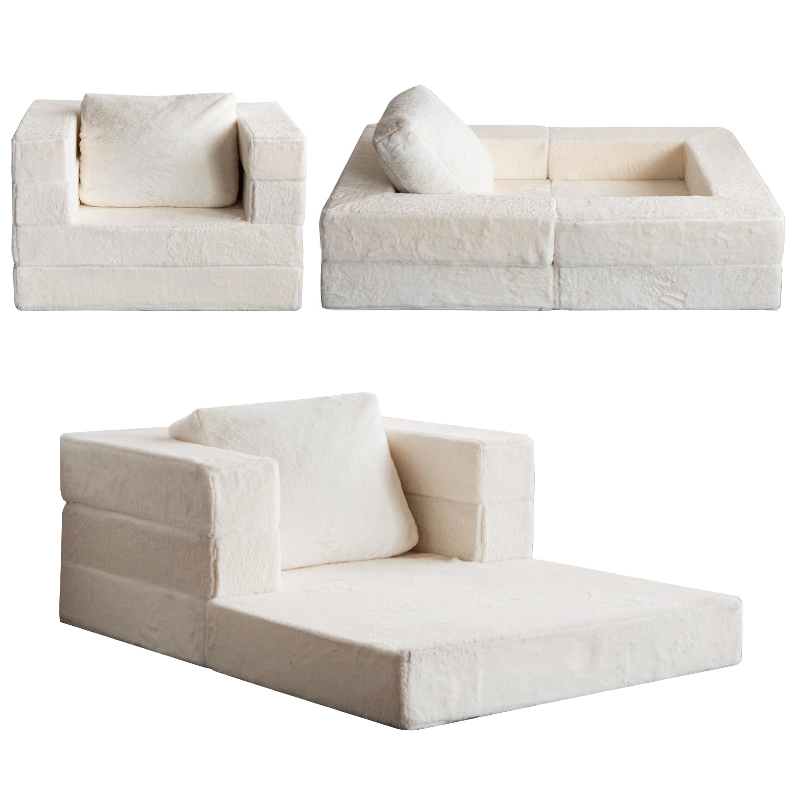 BYBYME Folding Bean Bag Chair for Adults, Large Beanbag Convertible Bean Bag Sofa, 3-in-1 Bean Bag Couch Faux Fur Floor Sofa Dog Bed with Pillow in Bedroom, Living Room, Apartment