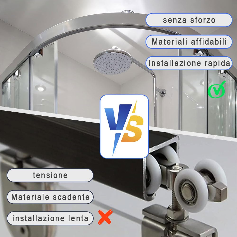 Voarge Rotelle curve per porta doccia, Per Porta Box Doccia con doppia porta scorrevole, Accessori per Box Doccia di Ricambio e Fissaggio, 2 ruote superiori + 2 ruote Silver, 23mm