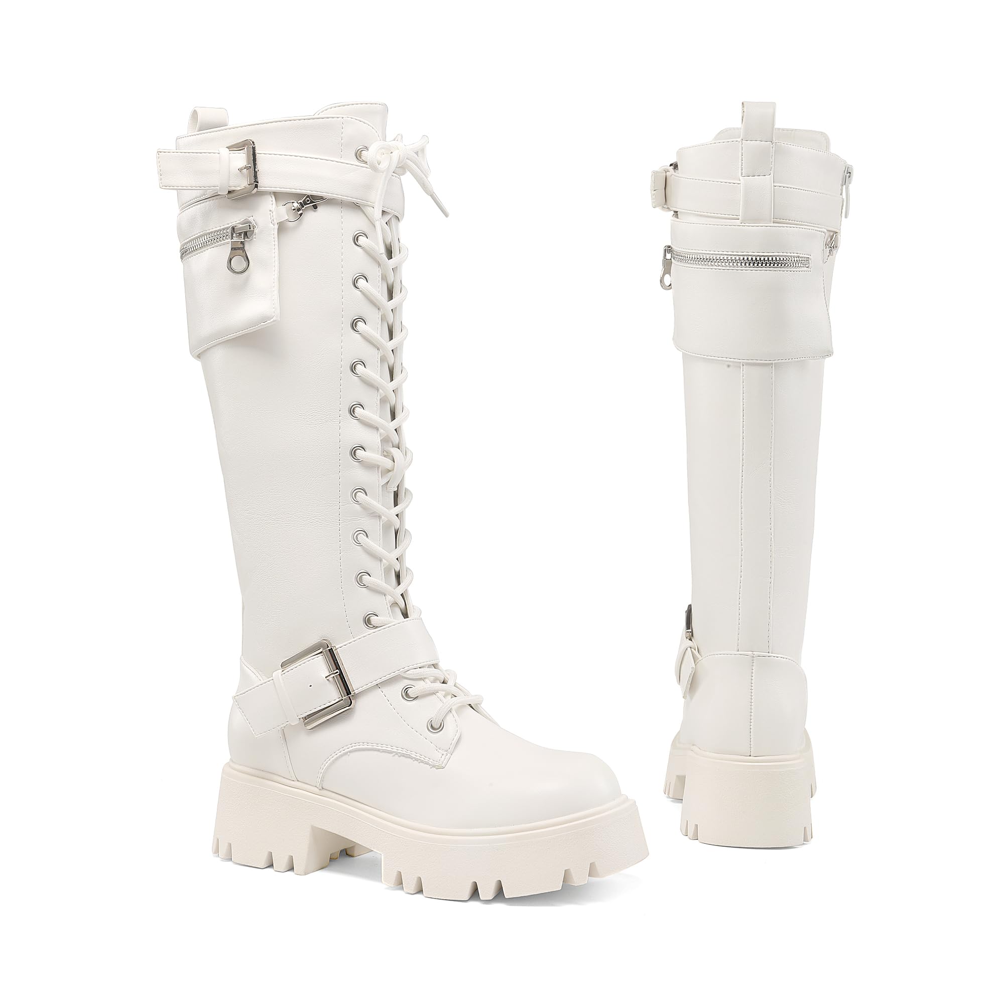 DREAM PAIRS Women's Combat Riding Platform Knee High Boots, Lace Up Fall Lug Sole Gothic Motorcycle Boots with Inside Zipper
