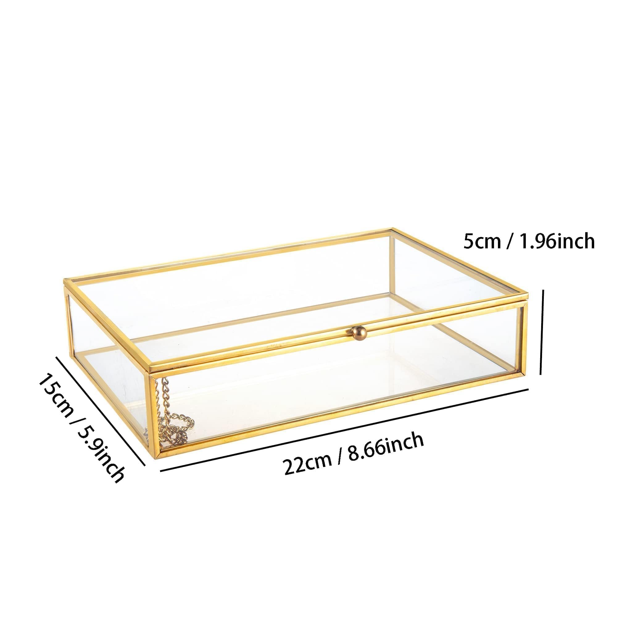 Feyarl Gold Glass Jewelry Trinket Box 5 x 7 Photo Cards Shadow Lidded Boxs Organizer Collection Display Case Decorative Keepsake Box for Home Deco (8.66 x 5.9 x 1.96inch) - Image 2