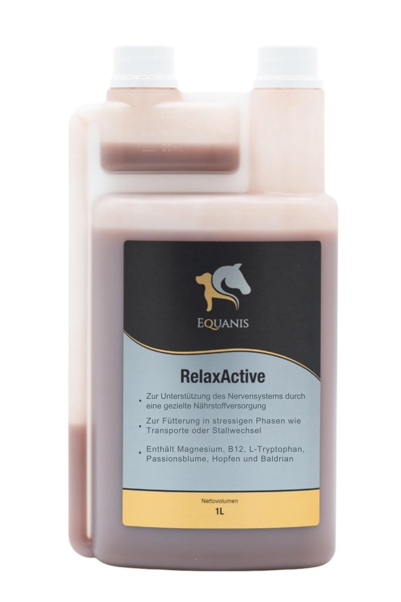 Equanis RelaxActive Magnesio – con B12 y L-Triptófano | 1 l | Complemento alimenticio para Caballos | Reduce la nerviosidad y la inquietud | Apoya el Sistema nervioso